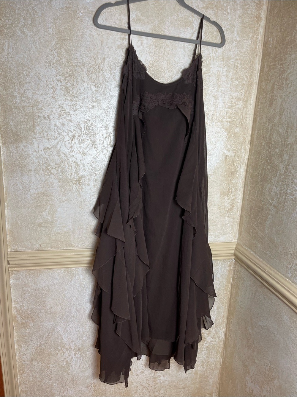 House of Harlow 1960 Chiffon Maxi Cocktail Dress Ruffles Brown Flowy Fairy Sz M - Picture 3 of 10